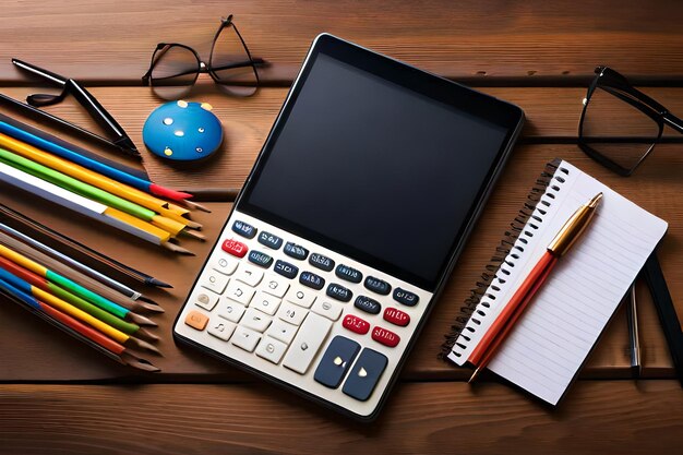 Foto inscripción del libro escolar, la calculadora, el bloc de notas y otros artículos de papelería en una mesa de madera marrón