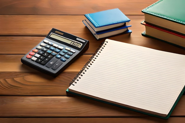 Foto inscripción del libro escolar, la calculadora, el bloc de notas y otros artículos de papelería en una mesa de madera marrón