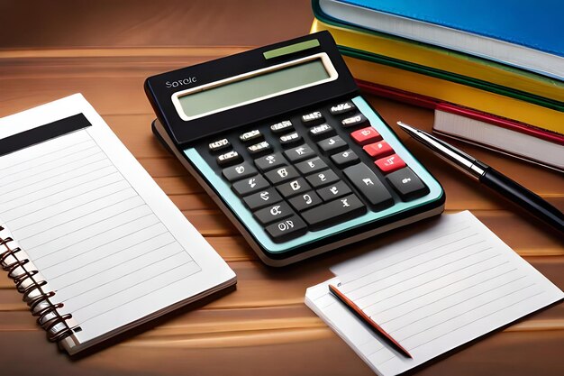 Inscripción del libro escolar, la calculadora, el bloc de notas y otros artículos de papelería en una mesa de madera marrón