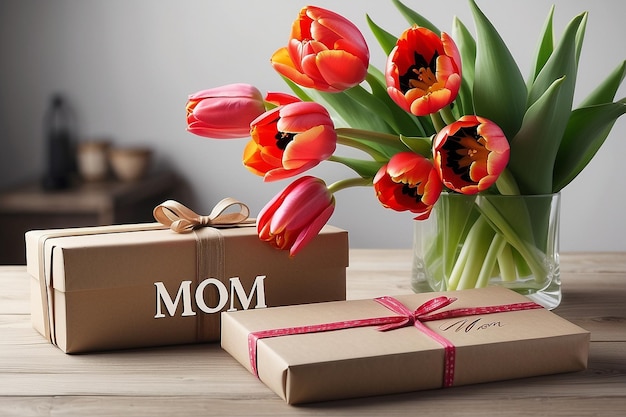Inscripción de mamá con tulipanes y regalo en la mesa