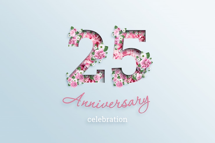 Foto la inscripción número 25 y celebración de aniversario textis flores, en una luz