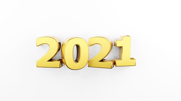 Inscripción de oro 2021 aislado sobre fondo blanco. Feliz año nuevo 2021. Ilustración para publicidad. Representación 3D.