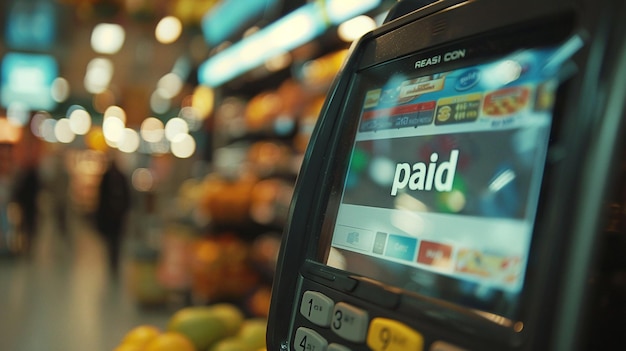 La inscripción Pagado en la pantalla del terminal para pagar las compras en la tienda Foto de primer plano