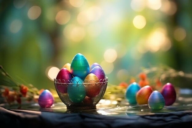 Inscripción de Pascua con huevos de colores en la mesa