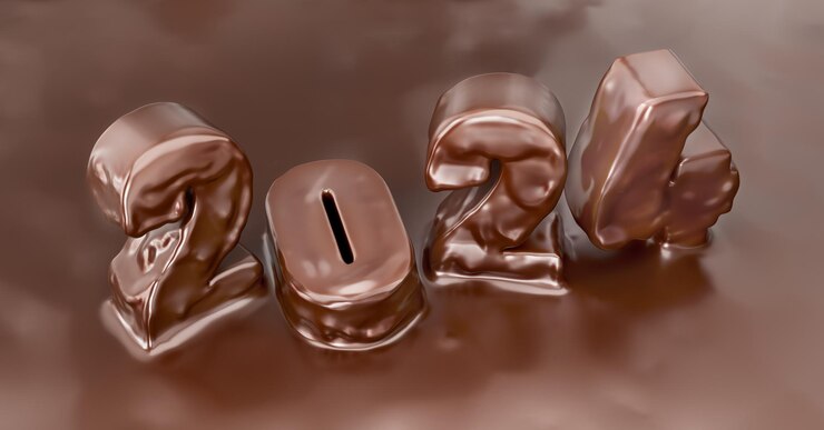 Foto la inscripción de renderización 3d 2024 está hecha de chocolate derretido