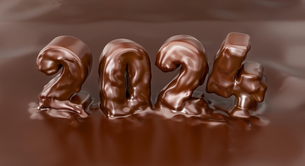 La inscripción de renderización 3D 2024 está hecha de chocolate derretido