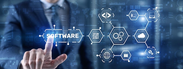 Inscripción de software en la pantalla virtual Concepto de tecnología IT