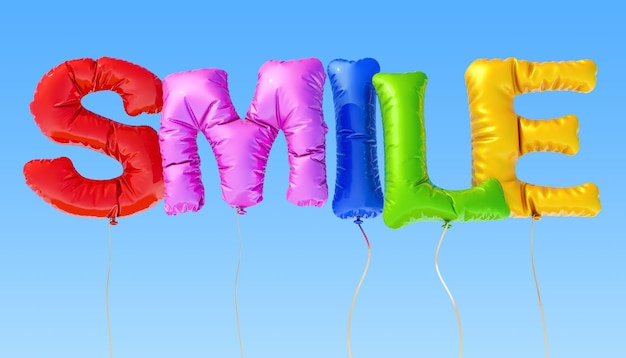 Foto inscripción de sonrisa de globos multicolores en el cielo azul renderización 3d