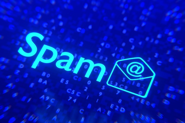 Inscripción de spam en un fondo futurista Concepto de buzón de spam 3d render
