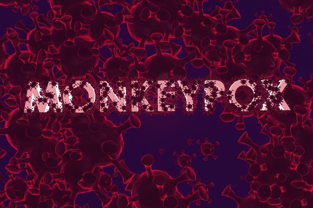 Inscripción de viruela del mono con moléculas de virus macro en un render 3D de fondo rojo oscuro