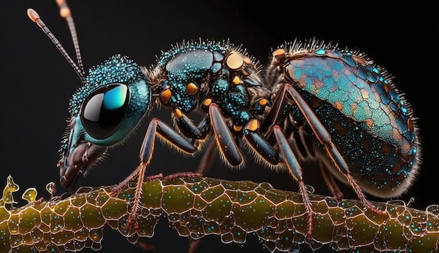 Un insecto colorido con un fondo negro y un fondo negro.