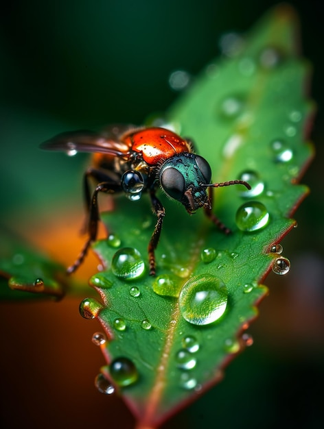 Un insecto colorido con la gota de agua