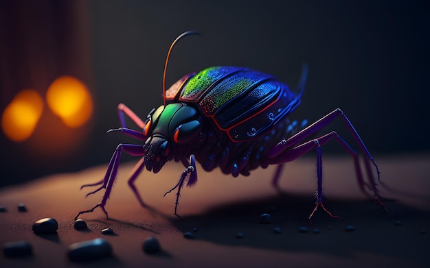 Un insecto colorido con una luz en el fondo.