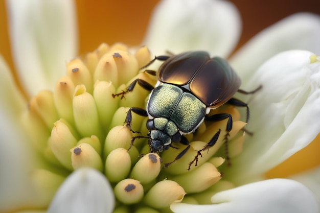 Un insecto en una flor con una flor amarilla en el fondo.