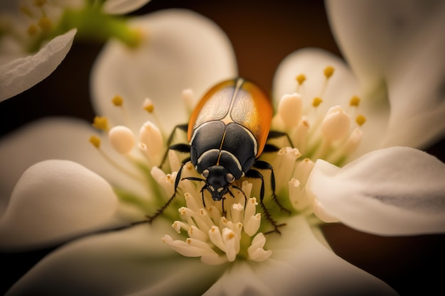 Un insecto en una flor con una flor blanca.