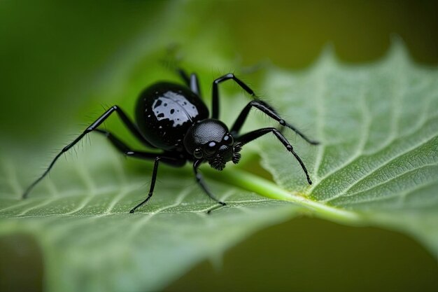 Insecto negro posado sobre una hoja verde en un primer plano extremo IA generativa