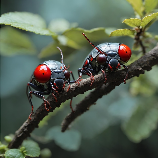 Un insecto con un ojo rojo se sienta en una rama