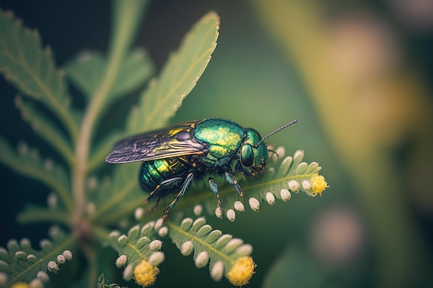 Un insecto en primer plano contra un telón de fondo verde brumoso