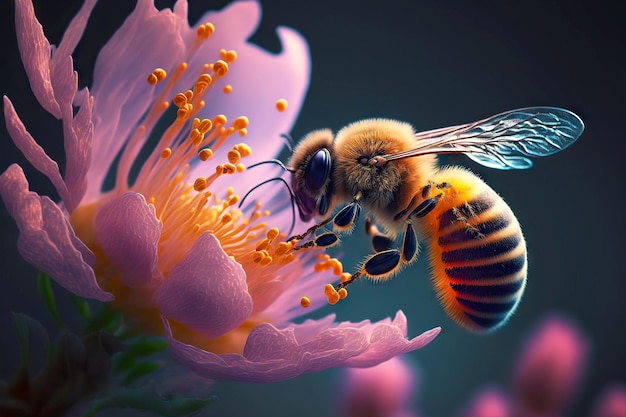 El insecto rayado útil vuela sobre la flor de abeja rosa y la poliniza