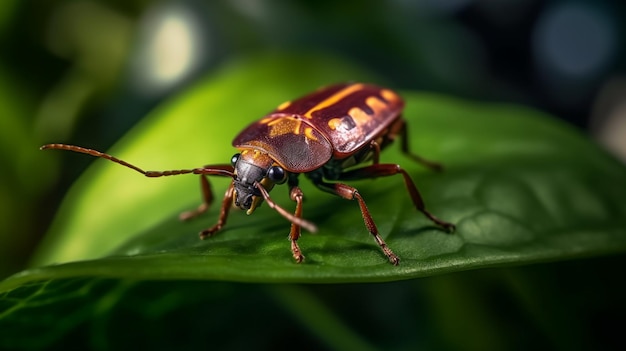 Un insecto con rayas naranjas se sienta en una hoja verde