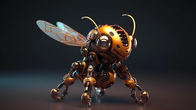 Un insecto robot con cara amarilla y fondo negro.