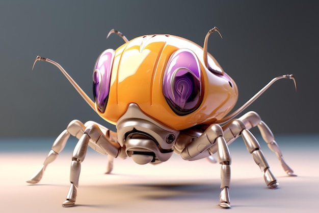 Un insecto robot con una cara morada.