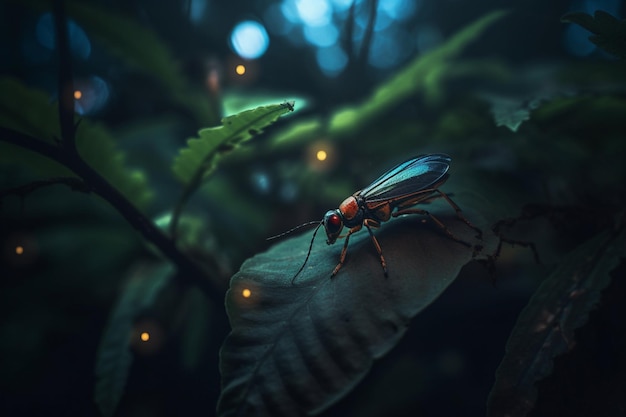 Un insecto rojo con cola negra se sienta en una hoja en la oscuridad.