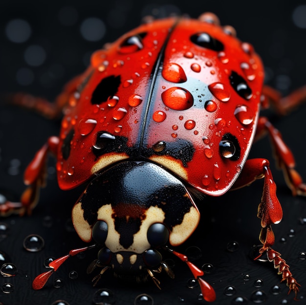 un insecto rojo con gotas de agua en la cara.