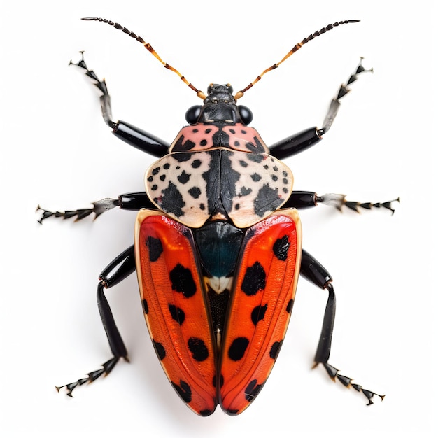 Un insecto rojo y negro con puntos negros y puntos rojos está sobre un fondo blanco.