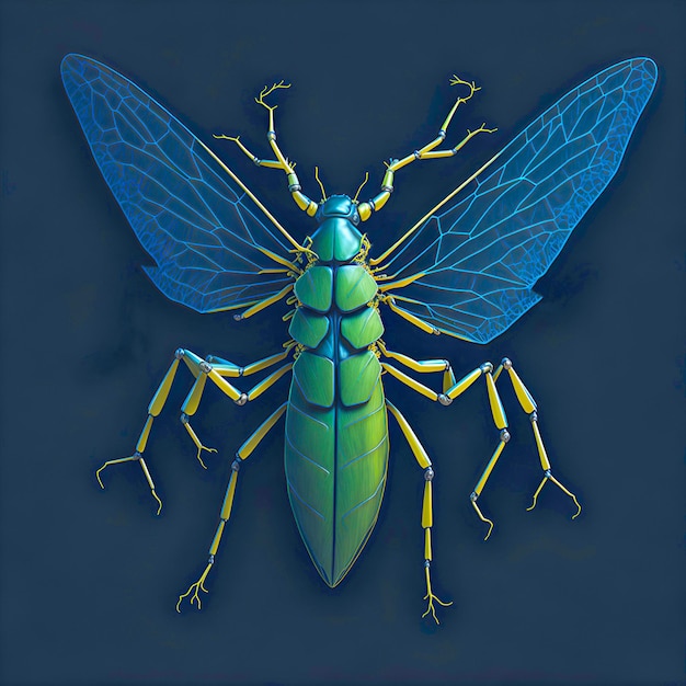 Un insecto verde con alas azules.