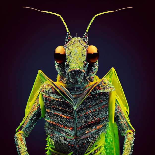 Un insecto verde y naranja con una gran cabeza y alas.