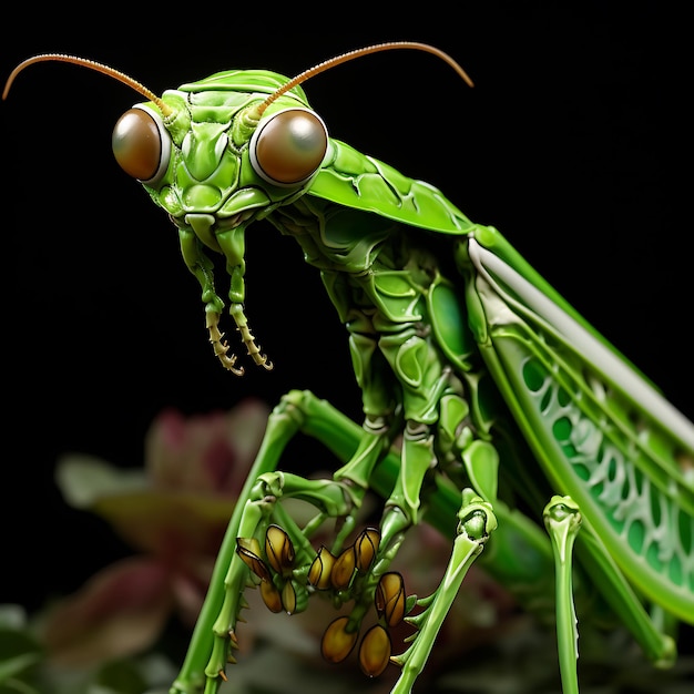 Un insecto verde con ojos grandes