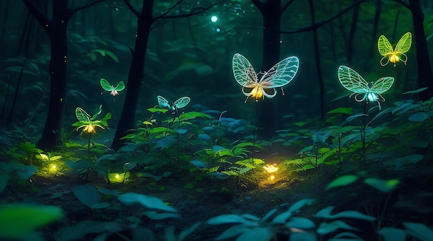 Insectos brillantes en el bosque nocturno