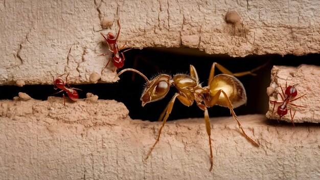 Foto insectos en la pared que salen a través de una grieta en la muralla infestación de hormigas dulces en el interior