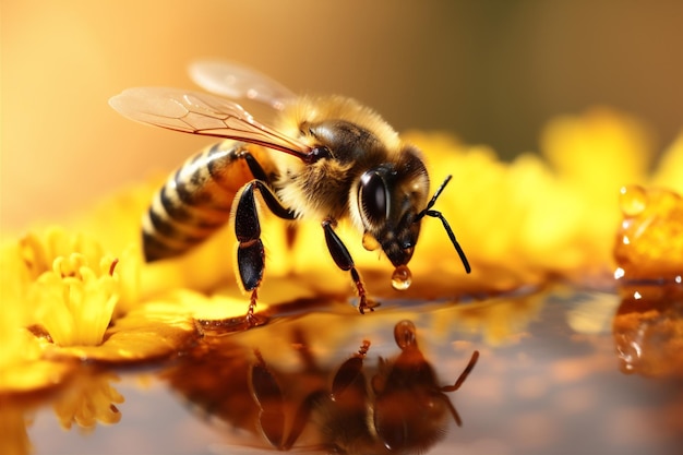 Insekt Nahaufnahme gelber Hintergrund Gold fliegender Pollen Honig Makronatur Biene Generative KI