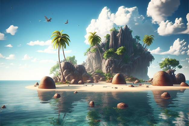 Insel im Ozean unbewohnte geheime Pirateninsel mit Strandpalmen-Dschungel 3D-Illustration