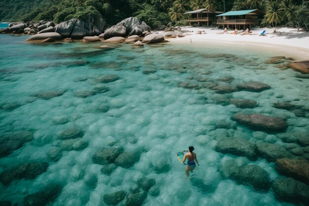 Insel La Digue auf den Seychellen Silberstrand mit Granitstein und Dschungel Mann genießt Urlaub