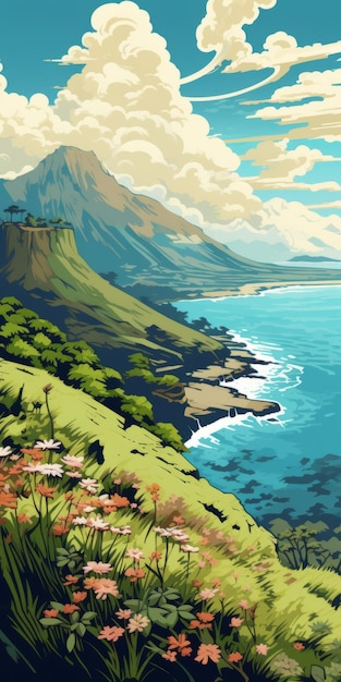 Insel mit gelben Blumen und Bergen im Stil von Becky Cloonan, mit einer himmelblauen und beigen Farbpalette. Die Landschaft ist ausgedehnt und hyper-detailliert, erinnert an die w