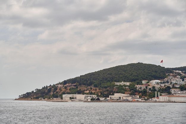 Inselküste mit Blick auf Gebäude und Bäume vom Wasser aus