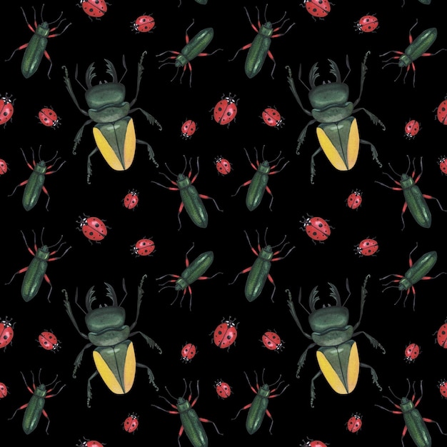 Foto inseto de besouros realistas de padrão perfeito isolado em fundo preto ilustração de insetos animais desenhados à mão em aquarela