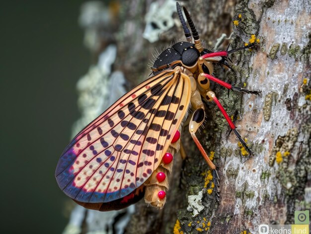 Inseto Lanternfly colorido empoleirado na casca de árvore em habitat natural asas vibrantes e detalhados