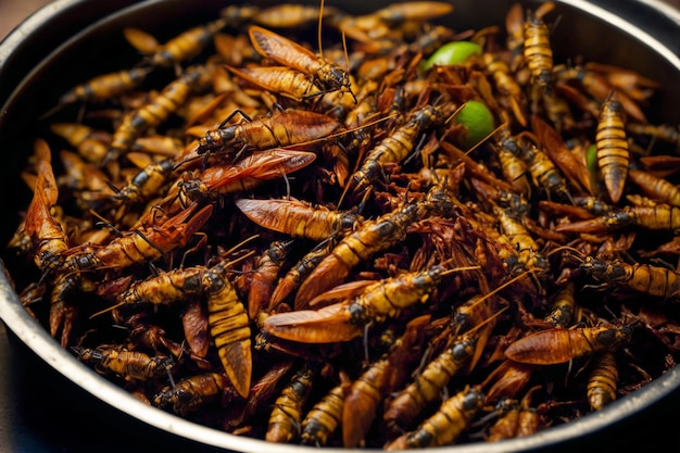 Insetos comestíveis fritos em um prato Grilos como lanche boa fonte de proteína Conceito de insetívoro de entomofagia IA generativa