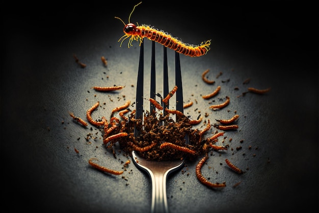 Insetos comestíveis fritos no garfo Mealworms como lanche boa fonte de proteína Conceito de insetivoria de entomofagia Vista de perto Generative AI