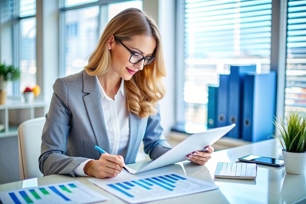 Insights económicos Mujer de negocios analizando el crecimiento financiero