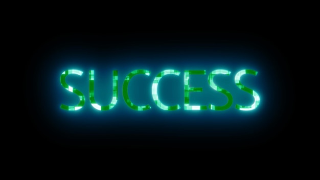 Insígnia de néon com a palavra SUCCESS iluminado em verde sobre um fundo escuro