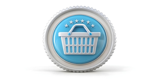 Insignia de descuento 3D aislada y icono de cesta de compras en fondo blanco Diseño vectorial moderno para R