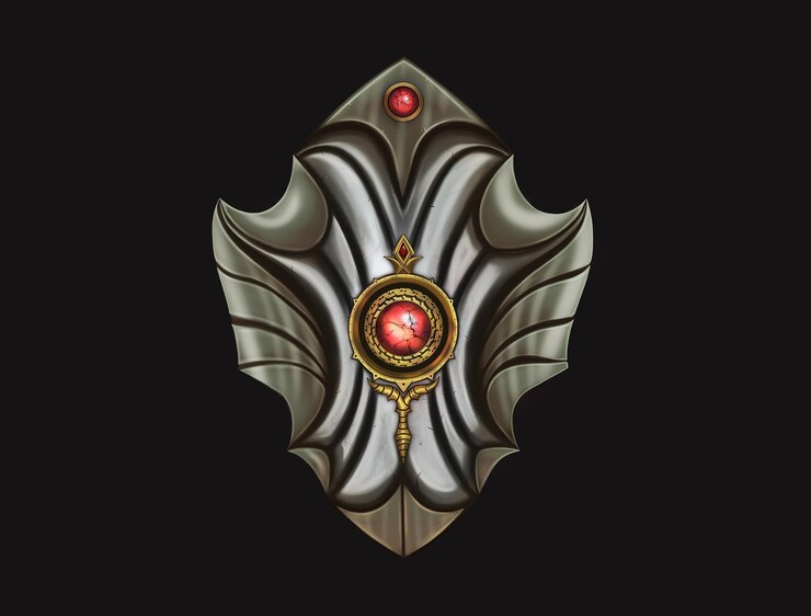 Foto insignia del juego de la victoria. escudo de guerra con un cristal mágico. icono de escudo de acero medieval aislado en blanco.