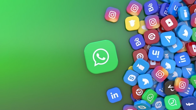 Una insignia de Whatsapp rodeada de insignias de las redes sociales más importantes