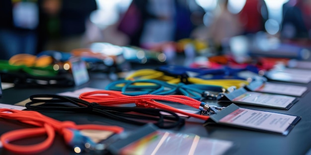 Insignias y cordones de la conferencia colocados en una mesa de registro