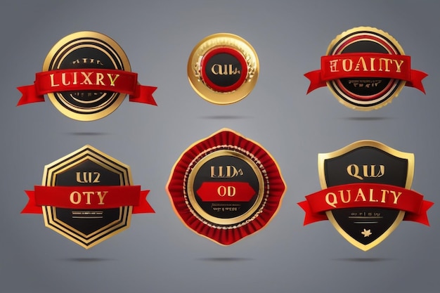 Foto insignias de etiqueta de calidad premium de lujo de oro rojo en ilustración vectorial de fondo gris